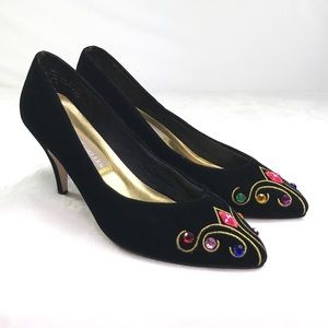 Andrew Geller Vtg 80’s Velvet Gold Rhinestone Pump